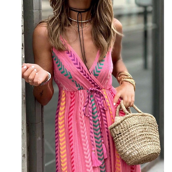 Boho Pink Chevron Print Cami Maxi Dress - Picture 4 of 6